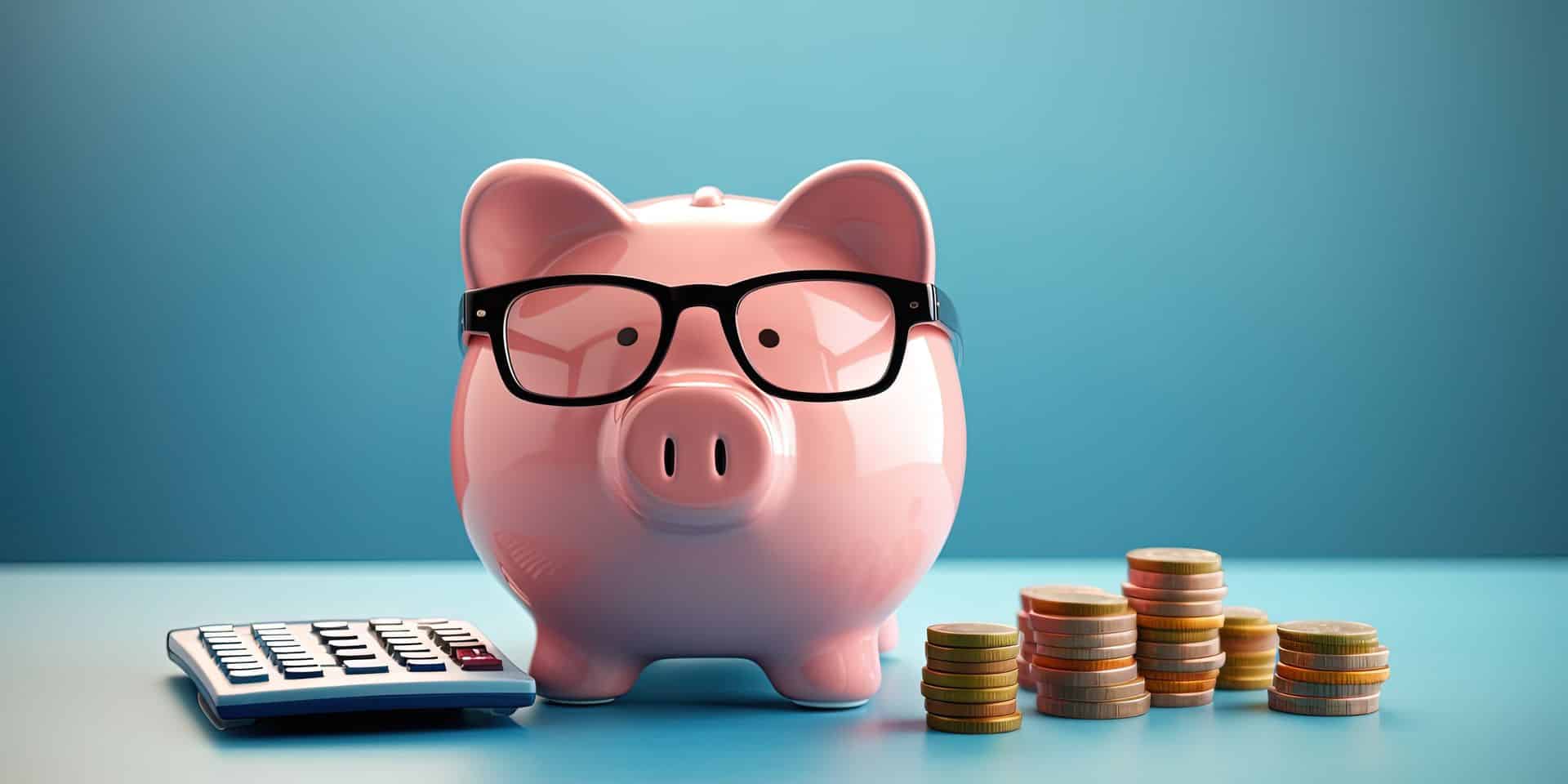 Pink piggy bank with eyeglasses and calculator