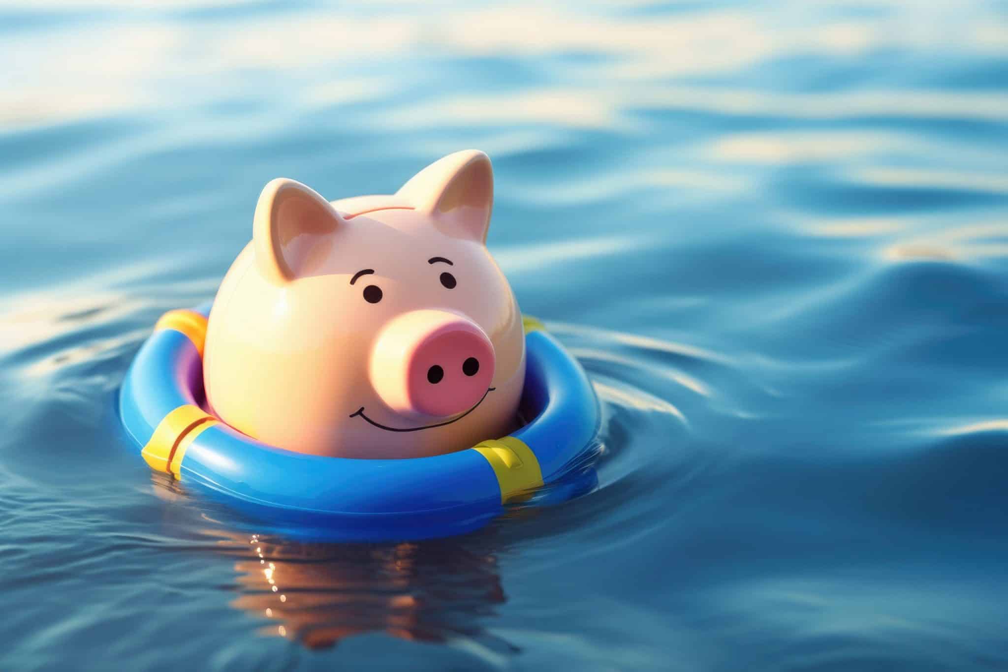 Piggy bank floating in water with coins. Losing savings. Unstable economy, recession concept.