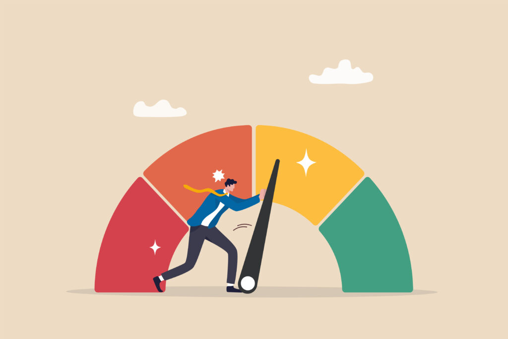 Guage showing increasing credit score showcasing how to improve your credit rating after bankruptcy