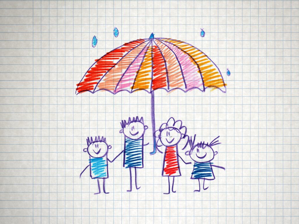 Drawing of family holding umbrella showcasing the affect of bankruptcy on life insurance
