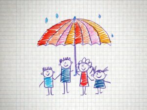 Drawing of family holding umbrella showcasing the affect of bankruptcy on life insurance