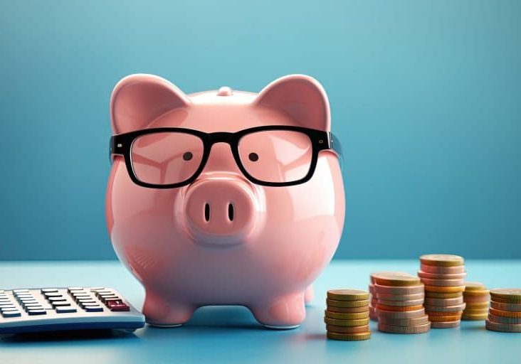 Pink piggy bank with eyeglasses and calculator